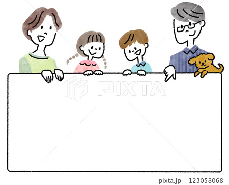 フリップボードを持つ4人家族と犬の手描きイラスト フリップボードを持つ4人家族と犬の手描きイラスト 123058068