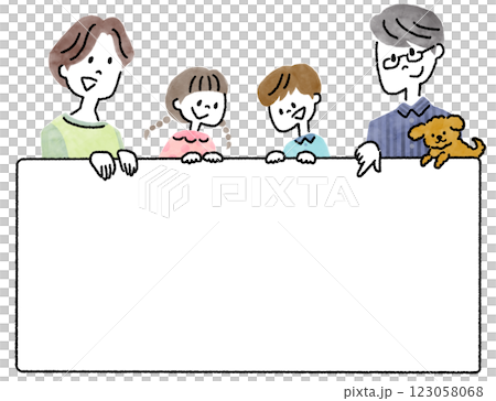 フリップボードを持つ4人家族と犬の手描きイラスト フリップボードを持つ4人家族と犬の手描きイラスト 123058068