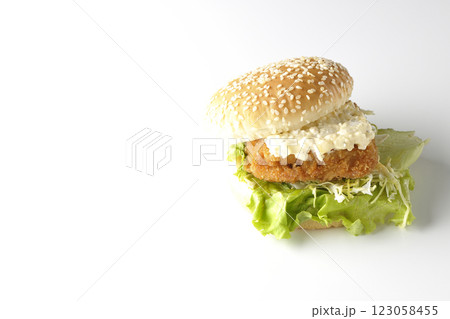 タルタルフィッシュバーガーを白背景で撮影 123058455