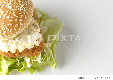 タルタルフィッシュバーガーを白背景で撮影 123058487