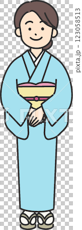 一位穿著和服、微笑的年輕女子的插圖 123058513