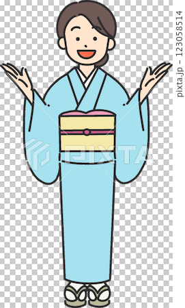 一名身穿和服的年輕女子微笑著張開雙臂的插圖 123058514