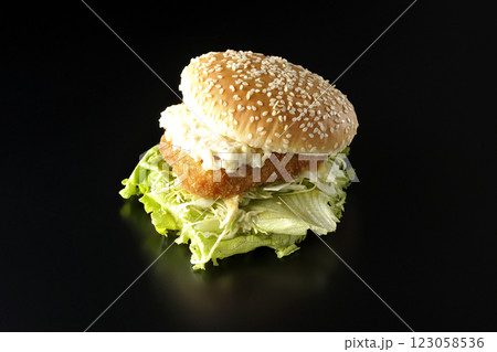 タルタルフィッシュバーガーを黒背景で撮影 123058536