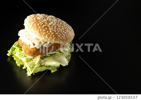 タルタルフィッシュバーガーを黒背景で撮影 123058537
