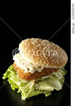タルタルフィッシュバーガーを黒背景で撮影 タルタルフィッシュバーガーを黒背景で撮影 123058549