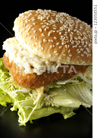 タルタルフィッシュバーガーを黒背景で撮影 タルタルフィッシュバーガーを黒背景で撮影 123058551