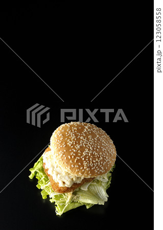 タルタルフィッシュバーガーを黒背景で撮影 123058558
