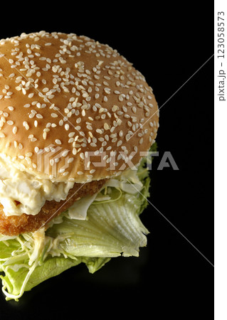 タルタルフィッシュバーガーを黒背景で撮影 123058573