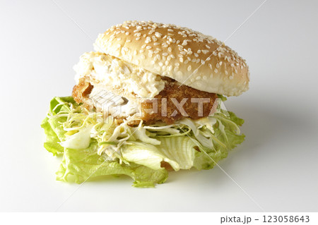 タルタルフィッシュバーガーを白背景で撮影(中身見せ) タルタルフィッシュバーガーを白背景で撮影(中身見せ) 123058643