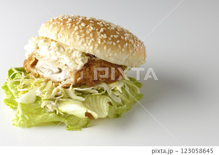 タルタルフィッシュバーガーを白背景で撮影(中身見せ) タルタルフィッシュバーガーを白背景で撮影(中身見せ) 123058645