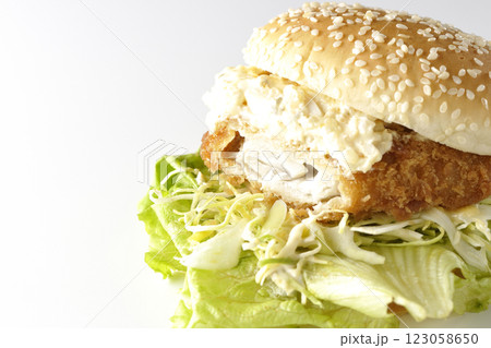 タルタルフィッシュバーガーを白背景で撮影（中身見せ） 123058650