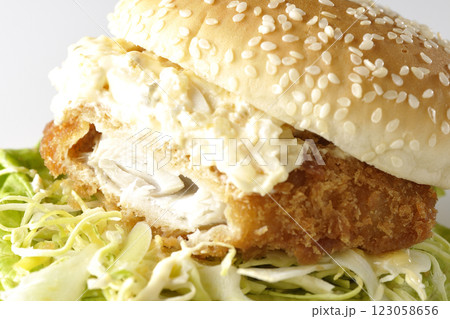 タルタルフィッシュバーガーを白背景で撮影（中身見せ） 123058656