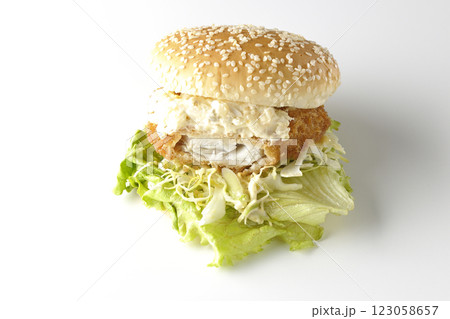 タルタルフィッシュバーガーを白背景で撮影（中身見せ） 123058657