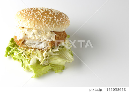 タルタルフィッシュバーガーを白背景で撮影(中身見せ) タルタルフィッシュバーガーを白背景で撮影(中身見せ) 123058658