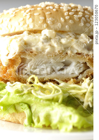 タルタルフィッシュバーガーを白背景で撮影(中身見せ) タルタルフィッシュバーガーを白背景で撮影(中身見せ) 123058670