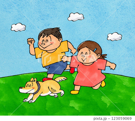 走る子供と犬(青空、雲) 123059069