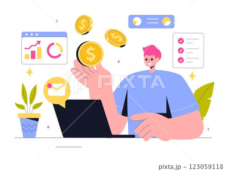 Freelancing and Gig Economy Vector Illustration featuring Finance, Freelance Contracts, Temporary Employment, Business Success, and Bar Charts 123059118
