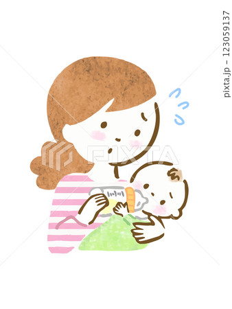 困った表情で赤ちゃんにミルクをあげている母親の手描きイラスト 困った表情で赤ちゃんにミルクをあげている母親の手描きイラスト 123059137