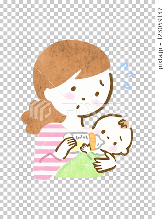 困った表情で赤ちゃんにミルクをあげている母親の手描きイラスト 困った表情で赤ちゃんにミルクをあげている母親の手描きイラスト 123059137