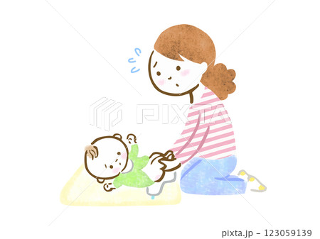 不安そうな顔で赤ちゃんのおむつ替えをする母親の手描きイラスト 不安そうな顔で赤ちゃんのおむつ替えをする母親の手描きイラスト 123059139