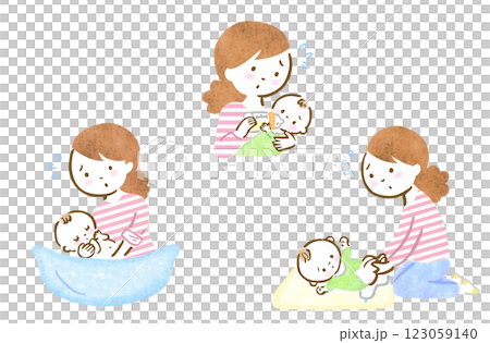 Hand-drawn illustration set of a mother taking care of her baby while feeling panicked or anxious 123059140