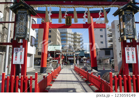 東京都台東区　浅草千束　鷲神社（おおとりじんじゃ）　朱塗りの大鳥居 123059149
