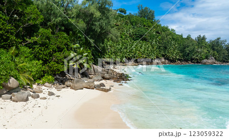 An idyllic beach with turquoise waters, fine sand, and surrounded by lush greenery. Anse Intendance. Seychelles, Mahe. An idyllic beach with turquoise waters, fine sand, and surrounded by lush greenery. Anse Intendance. Seychelles, Mahe. 123059322
