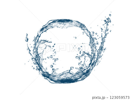 白い背景にカーブした抽象的な波と水しぶきの3dイラスト 123059573