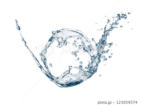 白い背景にカーブした抽象的な波と水しぶきの3dイラスト 123059574