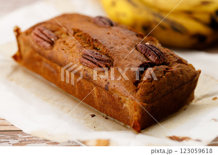 Banana bread loaf on wooden table. Banana bread loaf on wooden table. 123059618