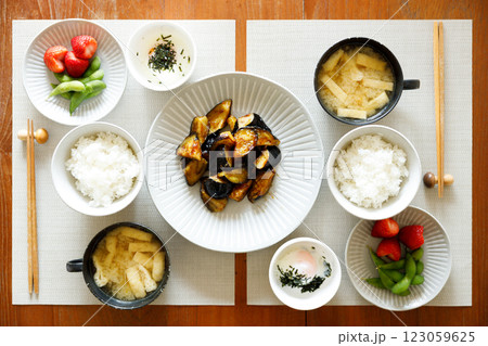 Healthy Japanese food on wooden table. 123059625