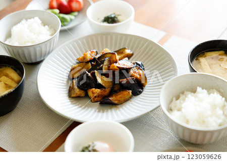 Healthy Japanese food on wooden table. 123059626