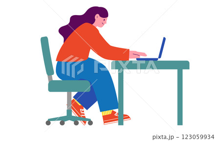 椅子に座ってノートパソコンを操作する女性のベクターフラットイラスト。仕事や勉強、デスクワークをしてい 123059934