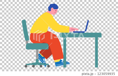 一名男子坐在椅子上並在筆記型電腦上工作的向量平面插圖。如果你正在工作、學習或做案頭工作 123059935
