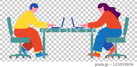 Vector flat illustration of people working face to face. Image of working, studying or having a meeting. Vector flat illustration of people working face to face. Image of working, studying or having a meeting. 123059936