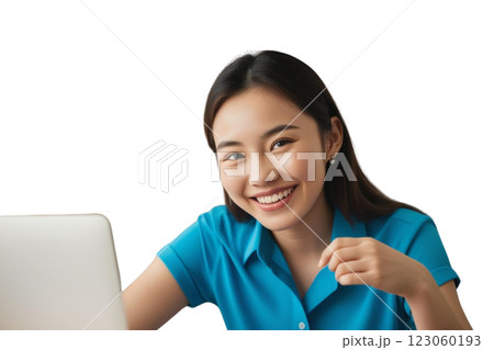 Portrait of a smiling Asian woman wearing a blue shirt with a laptop on a transparent background PNG 123060193