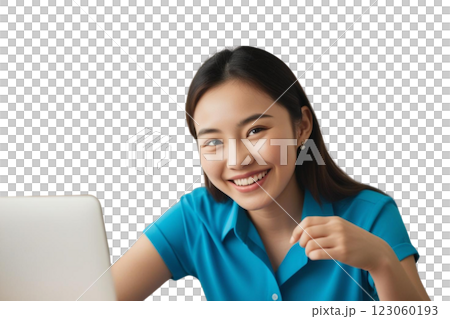 Portrait of a smiling Asian woman wearing a blue shirt with a laptop on a transparent background PNG 123060193