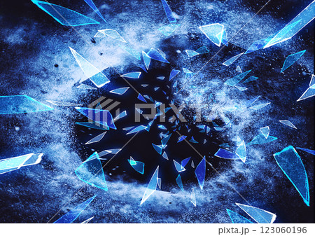 黒い背景に散らばった割れた青いガラスの破片の3dイラスト 123060196