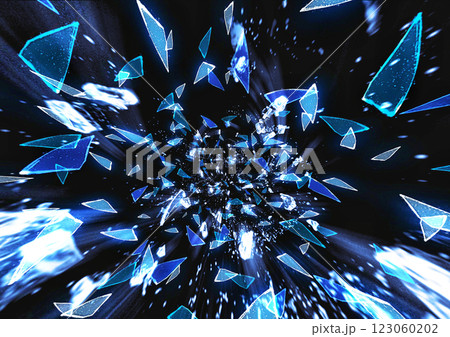 黒い背景に散らばった割れた青いガラスの破片の3dイラスト 123060202