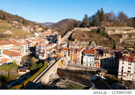 View from drone of Camprodon townscape onTer river surrounded by Pyrenees 123060380