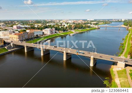 Summer landscape of Tver with bridges across Volga river 123060441