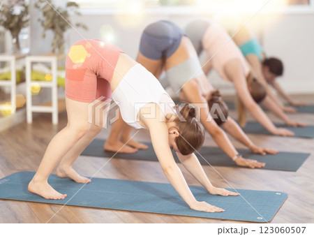Women meditates in yoga pose parshvottanasana in gym Women meditates in yoga pose parshvottanasana in gym 123060507