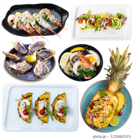 Plates of seafood on white background 123060533