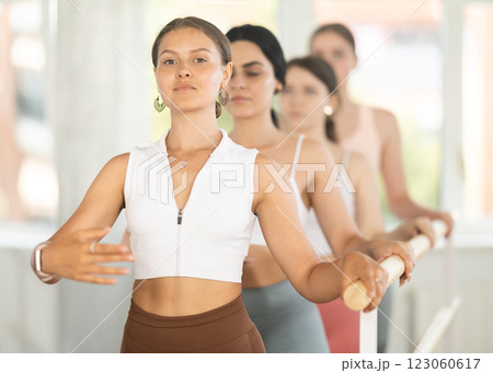 Portrait of positive young female training first position of ballet stance with group of girls in dance class Portrait of positive young female training first position of ballet stance with group of girls in dance class 123060617