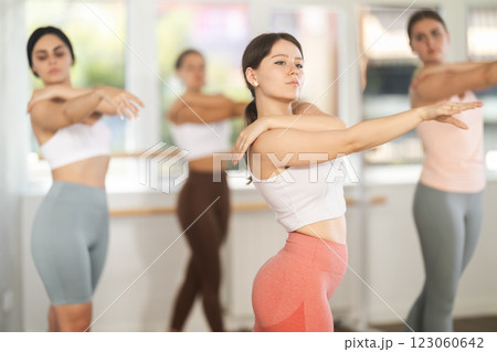 Portrait of pretty sports young girl dancer exercising various ballet moves during warm-up sessions with group of sporty people in training room 123060642