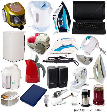 Assortment of household appliances isolated on white background Assortment of household appliances isolated on white background 123060655