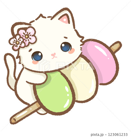 kawaii white cat is on a giant tricolor dangoのイラスト素材