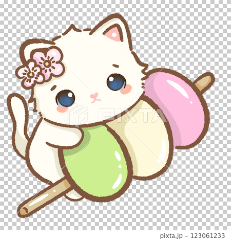 kawaii white cat is on a giant tricolor dango Hand drawn illustration cherry blossoms Sakura pastel color isolated on transparent background,  nursery decorations, spring 123061233