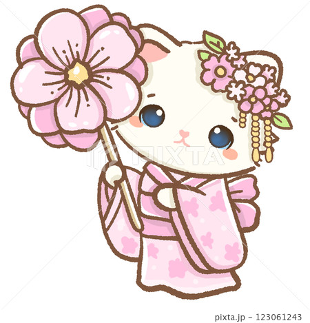 kawaii white cat is holding a giant flowe wearing kimono Hand drawn illustration cherry blossoms Sakura pastel color isolated on transparent background,  nursery decorations, spring 123061243