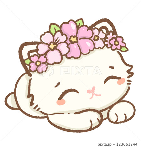 kawaii white cat is laying down wearing sakura crown Hand drawn illustration cherry blossoms Sakura pastel color isolated on transparent background,  nursery decorations, spring 123061244